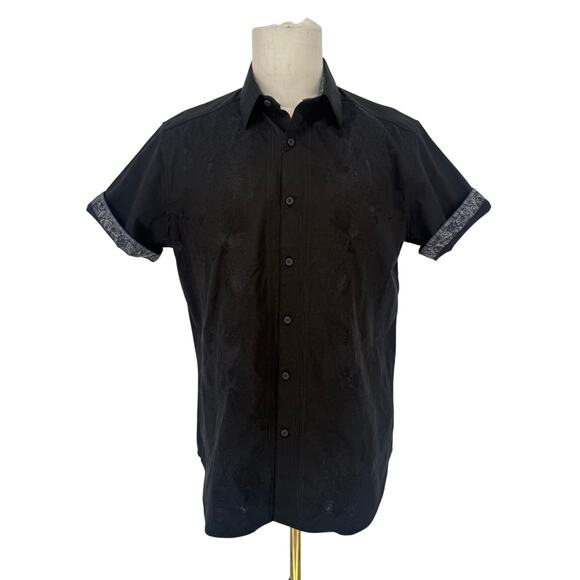 Robert Graham Button Front Short Sleeve Shirt DRAGO Black Embroidered Floral M
